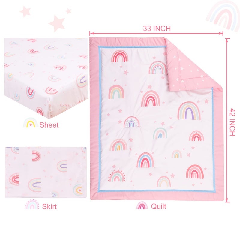UOMNY Crib Bedding Set for Girls 3 Piece with Comforter Sheet Toddler Pillowcase Baby Bedding Sets Pink Rainbow - Image 2